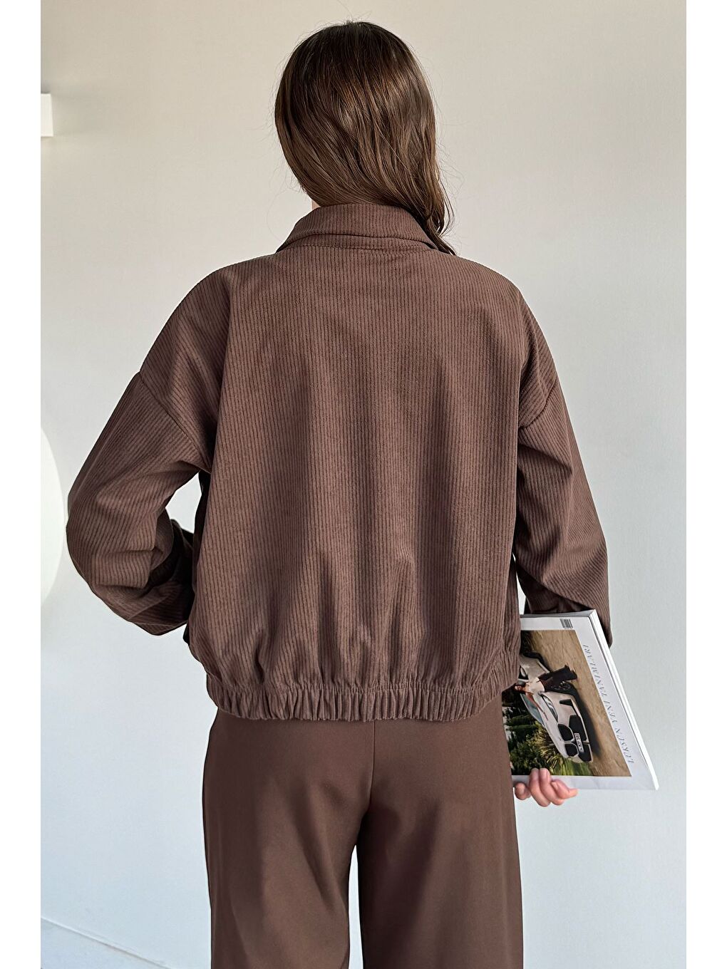 Kahverengi Fermuarlı Fitilli Kadife Ceket-3