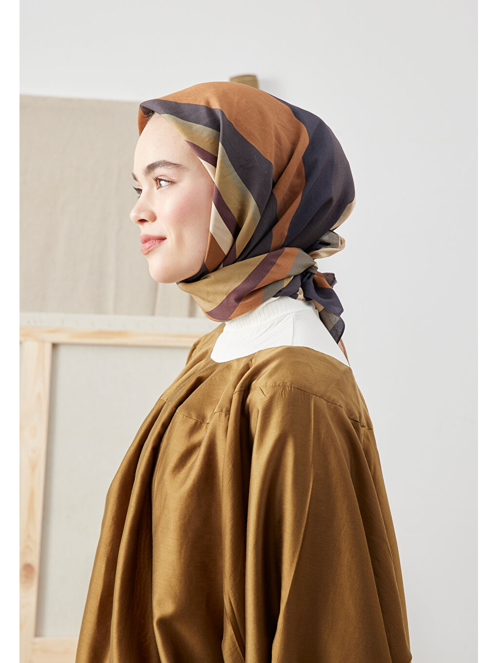 Kahverengi Color Mıx Desen Pamuk İpek Eşarp Kahve-3