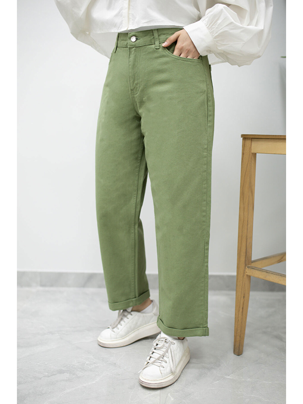 Paçası Katlamalı Mom Pantolon Tsd260211 Yeşil-2