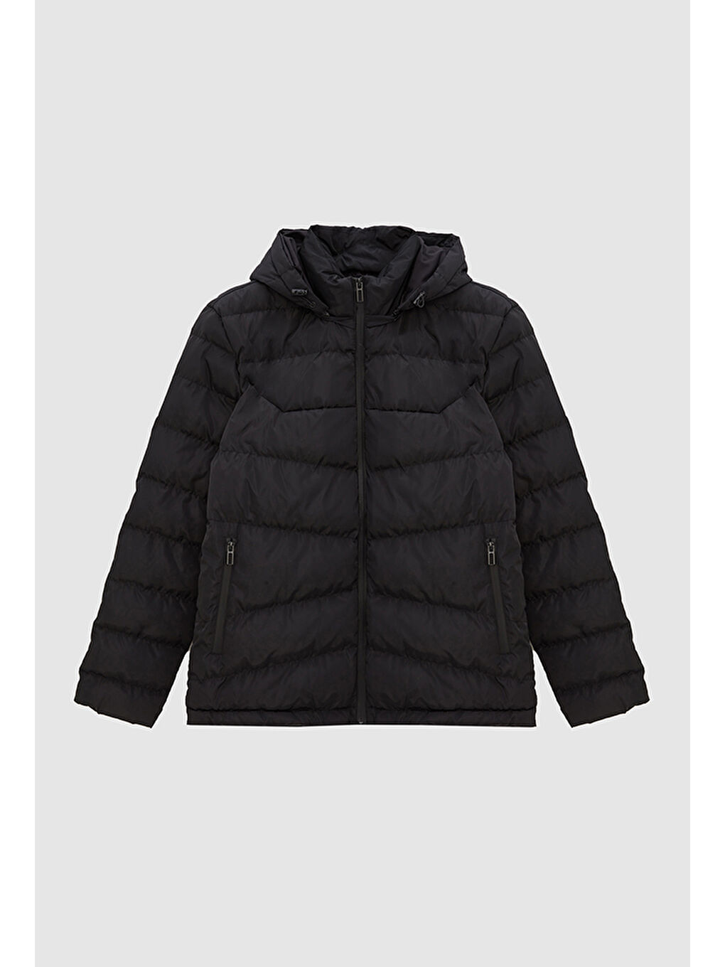 Regular Fit Siyah Şişme Kapüşonlu Mont-4