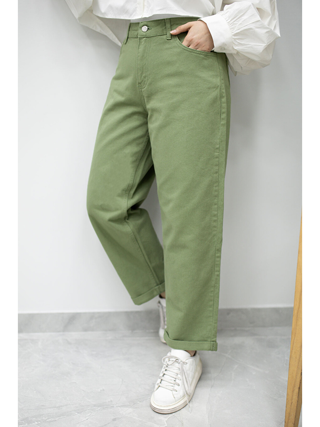 Paçası Katlamalı Mom Pantolon Tsd260211 Yeşil-3