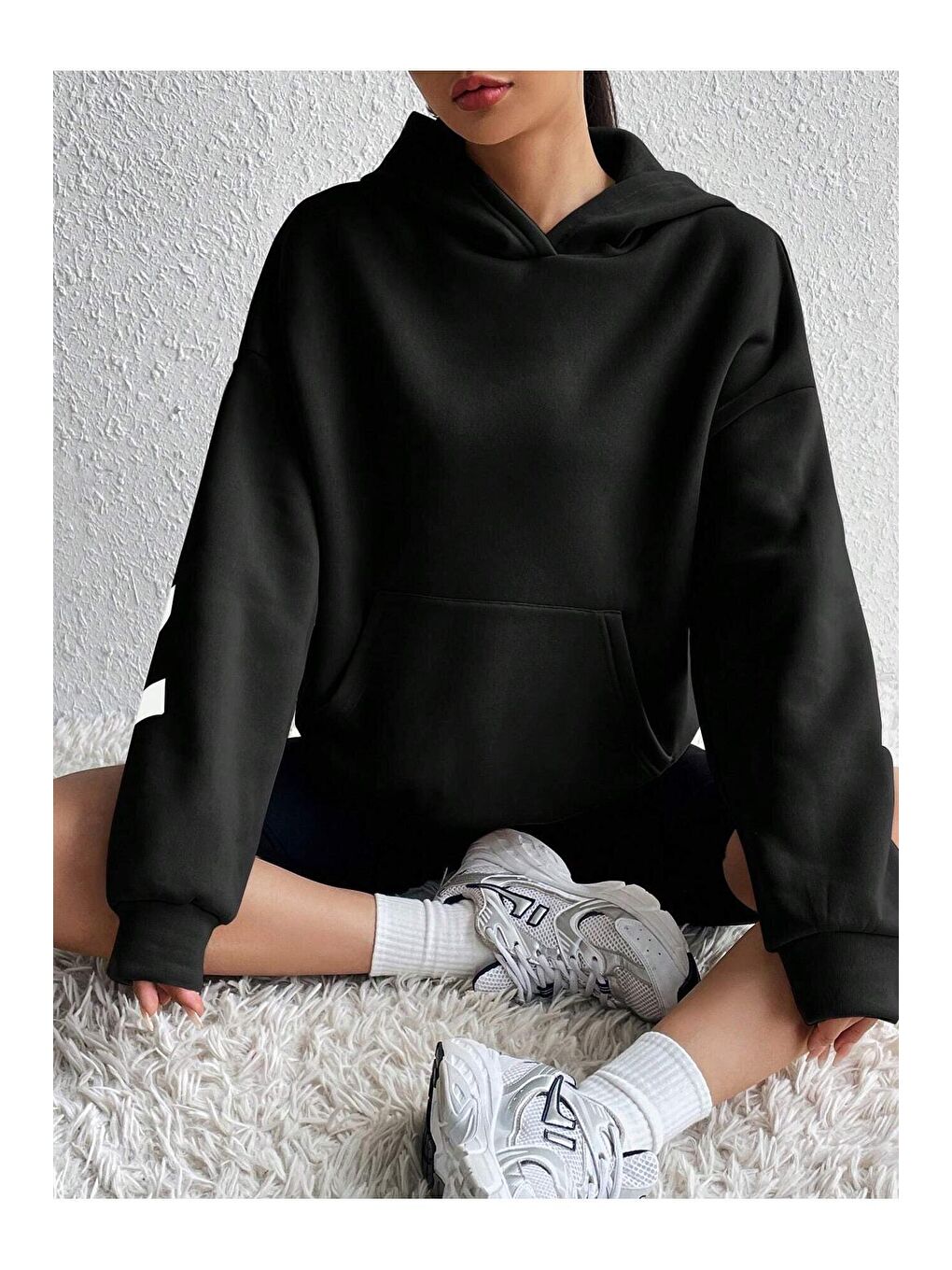 Kadın Siyah Kolları Brooklyn New York Baskılı Oversize Kapüşonlu Sweatshirt Hoodie-3