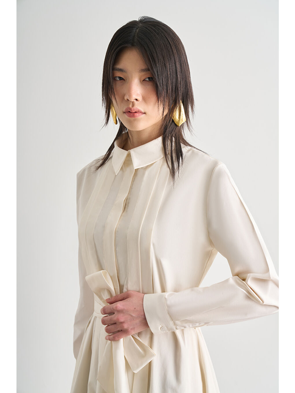 Premium Saf Pamuk Ekru Piliseli Uzun Elbise-2