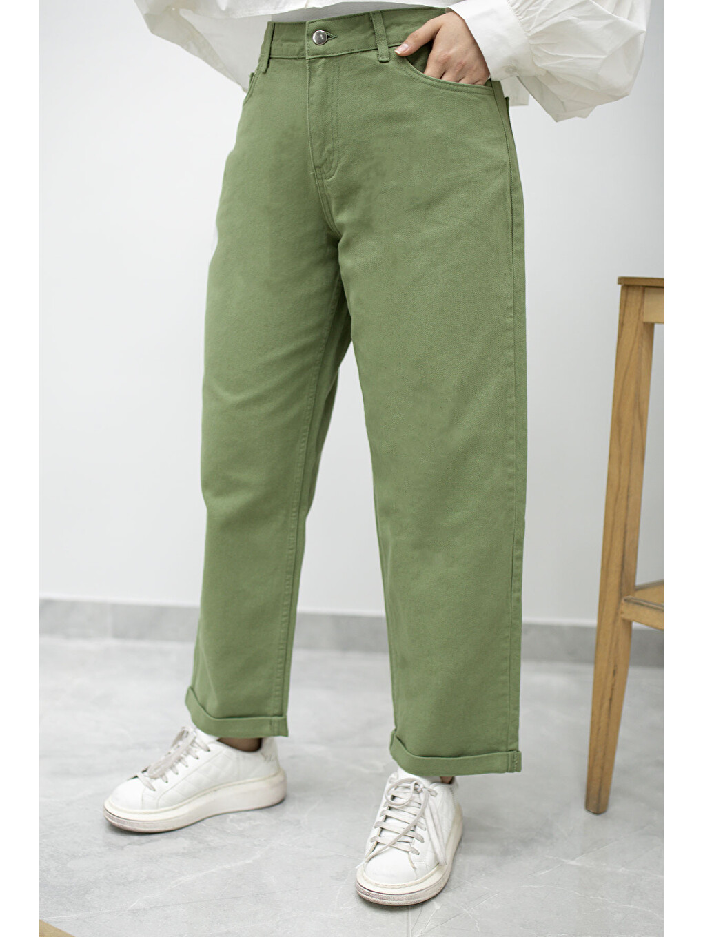 Paçası Katlamalı Mom Pantolon Tsd260211 Yeşil-4