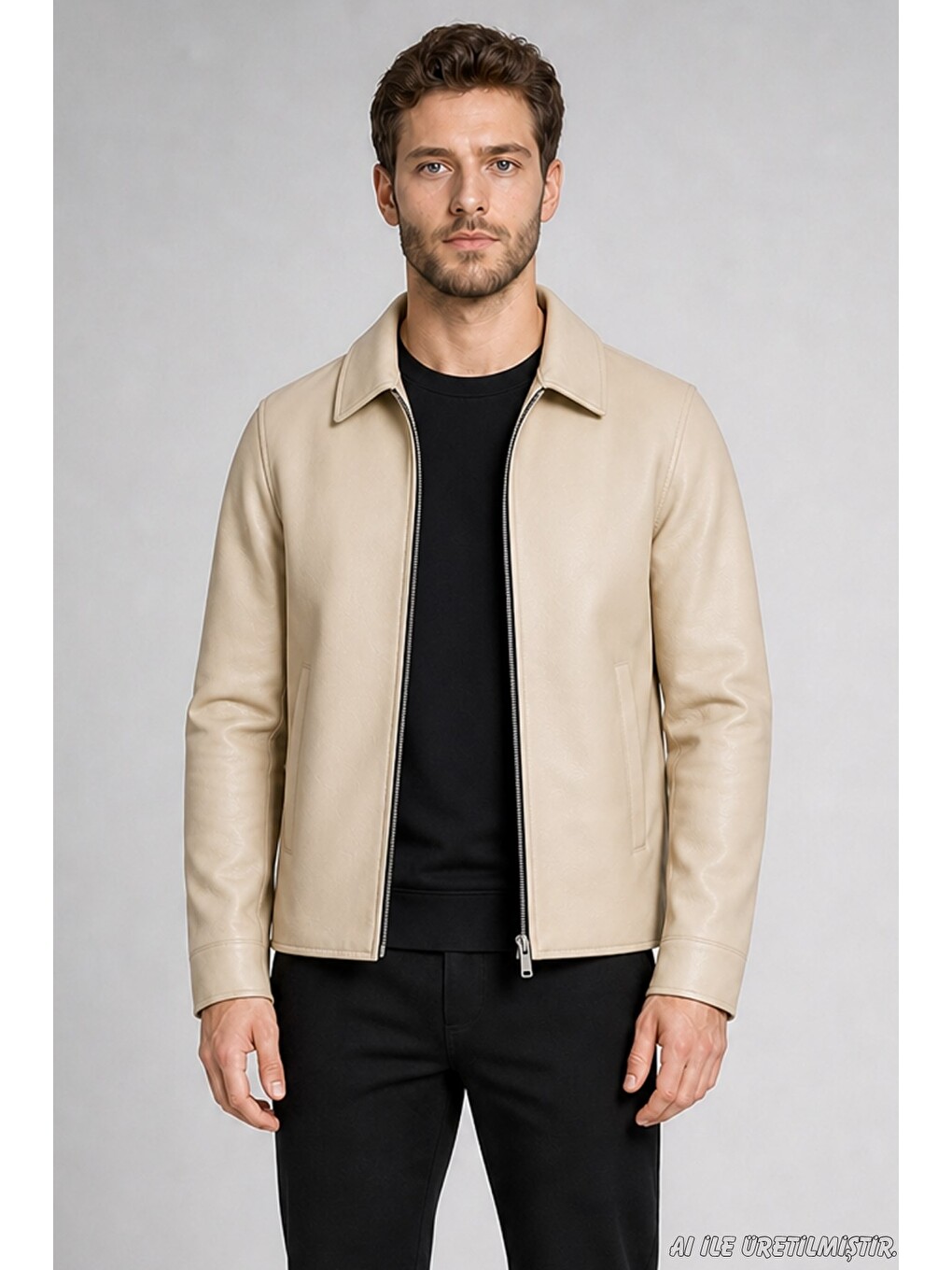 Bej Erkek Kürklü Polo Yaka Regular Fit Suni Deri Ceket-1