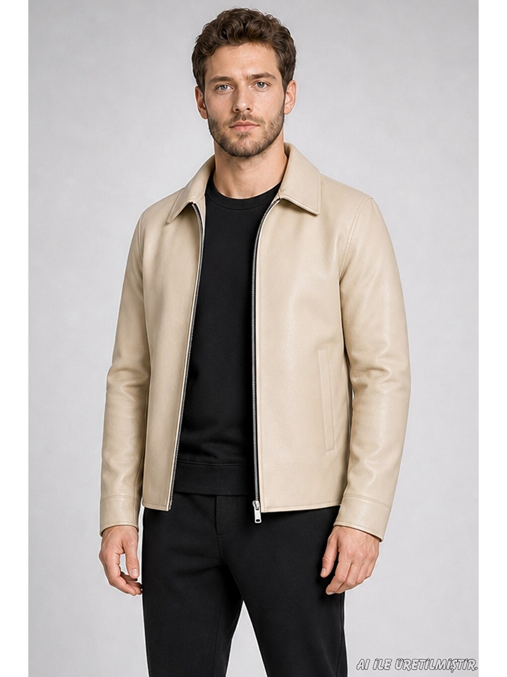 Bej Erkek Kürklü Polo Yaka Regular Fit Suni Deri Ceket-2