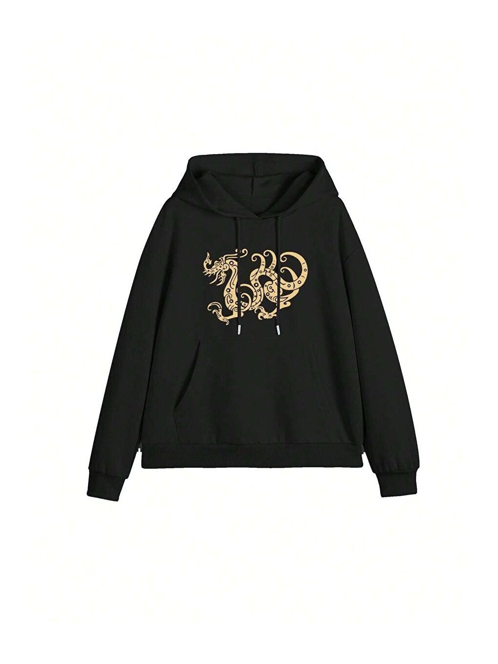 Trendseninle Siyah Kadın Siyah Dragon Pattern Baskılı Oversize Kapüşonlu Sweatshirt Hoodie - 2