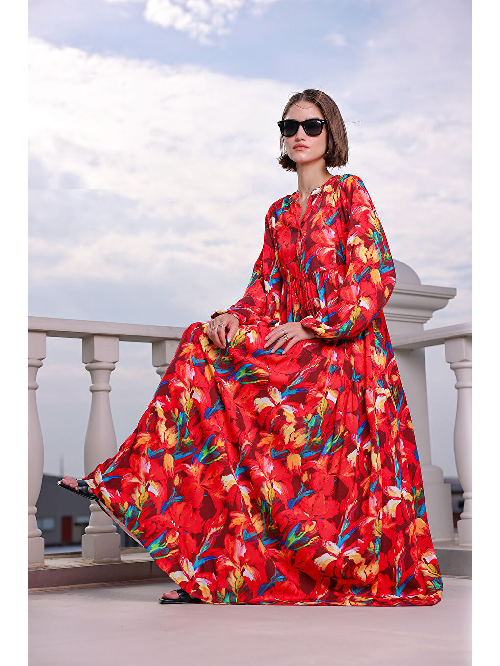 Kadın Desenli Uzun Tesettür Elbise 2585 - Kırmızı-1