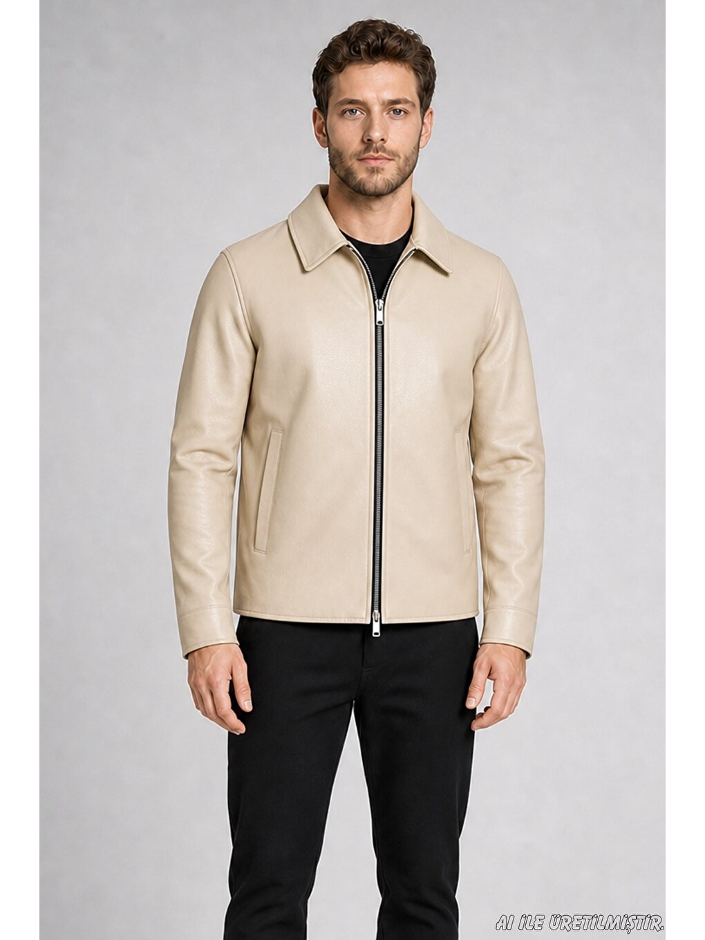 Bej Erkek Kürklü Polo Yaka Regular Fit Suni Deri Ceket-3