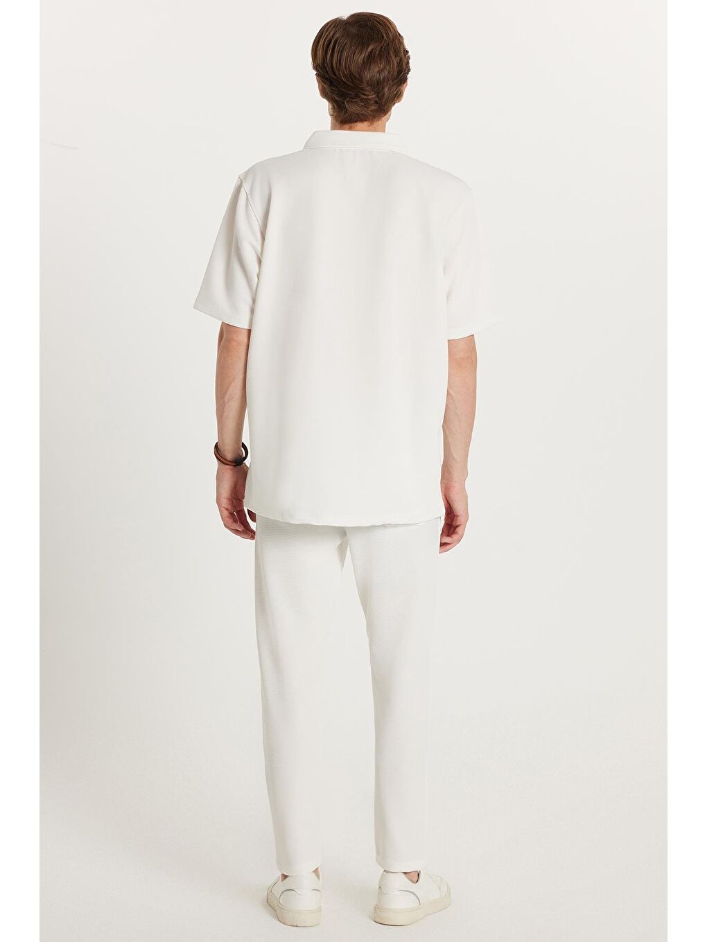 Erkek Standart Fit Normal Kesim Polo Yaka Pamuklu Düz Paça Beyaz Eşofman Takımı-4