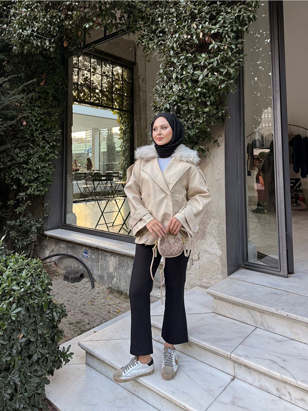 Ekru Kadın Kürk Detaylı Deri Ceket Krem-3