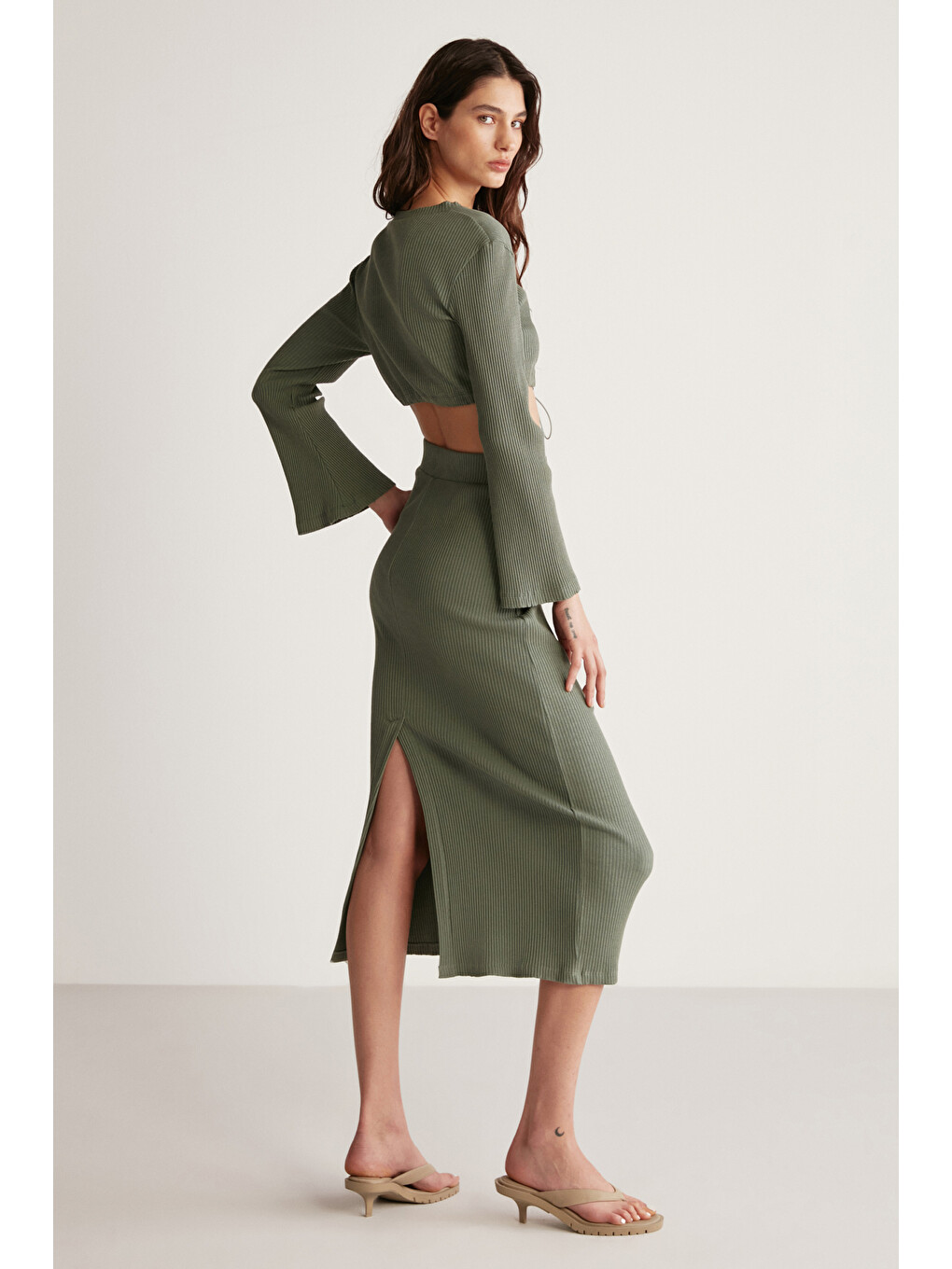 Lauren Kadın Slim Fit Fermuar Detaylı Midi Haki Etek-2