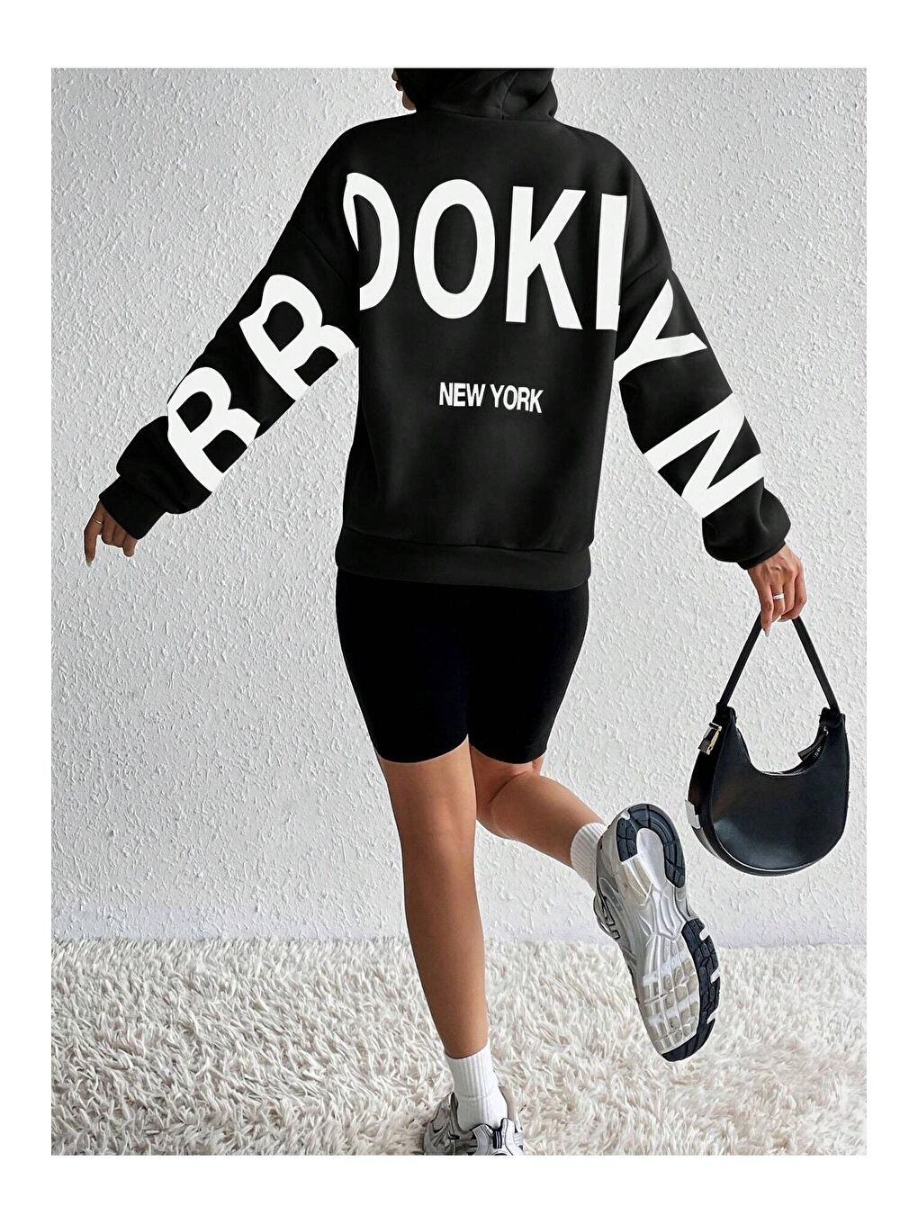 Kadın Siyah Kolları Brooklyn New York Baskılı Oversize Kapüşonlu Sweatshirt Hoodie-4