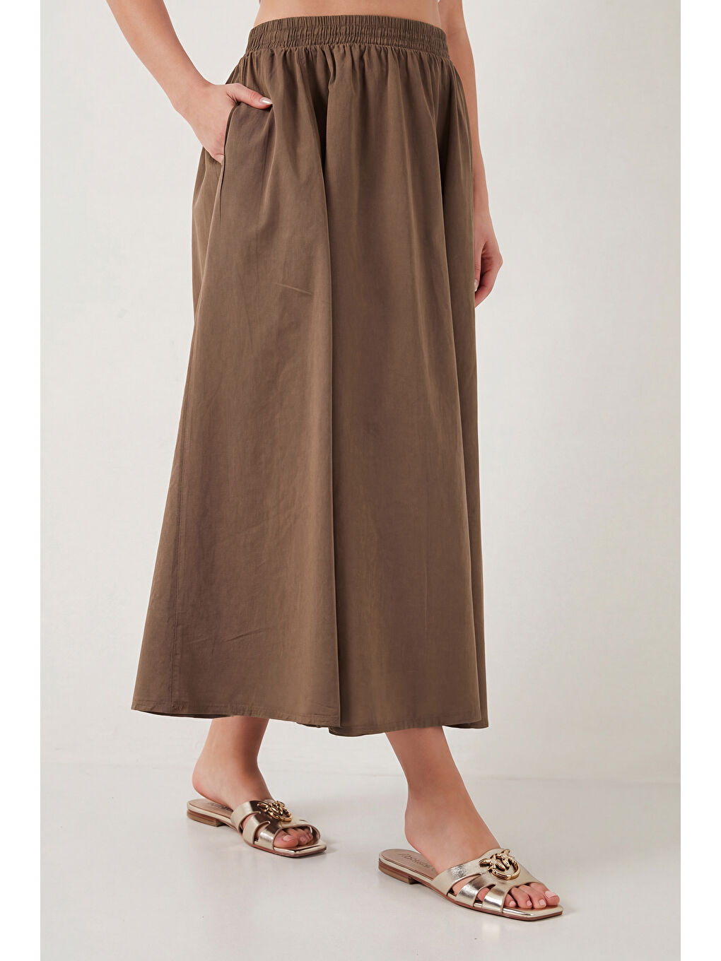 Kahverengi Modest Pamuklu Relaxed Fit Lastikli Bel Tesettür Midi Etek 668YE4449-5