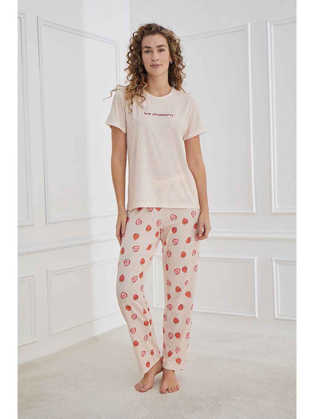 Pembe Kadın Çilek Desenli Elastanlı Süprem Bisiklet Yaka Pijama Takım | Somon 70109-1221
