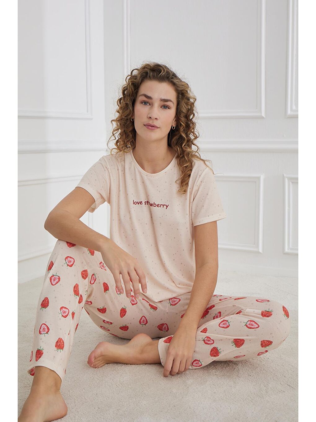 Pembe Kadın Çilek Desenli Elastanlı Süprem Bisiklet Yaka Pijama Takım | Somon 70109-1221-1