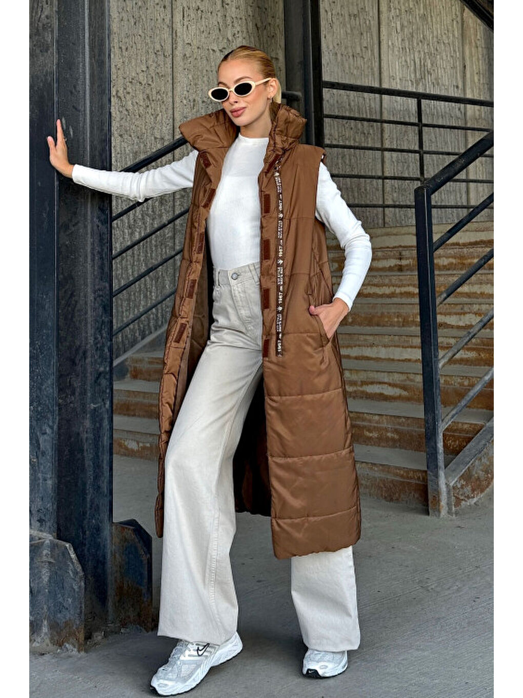 Kahverengi Uzun Boy Kapitone Şişme Yelek-1