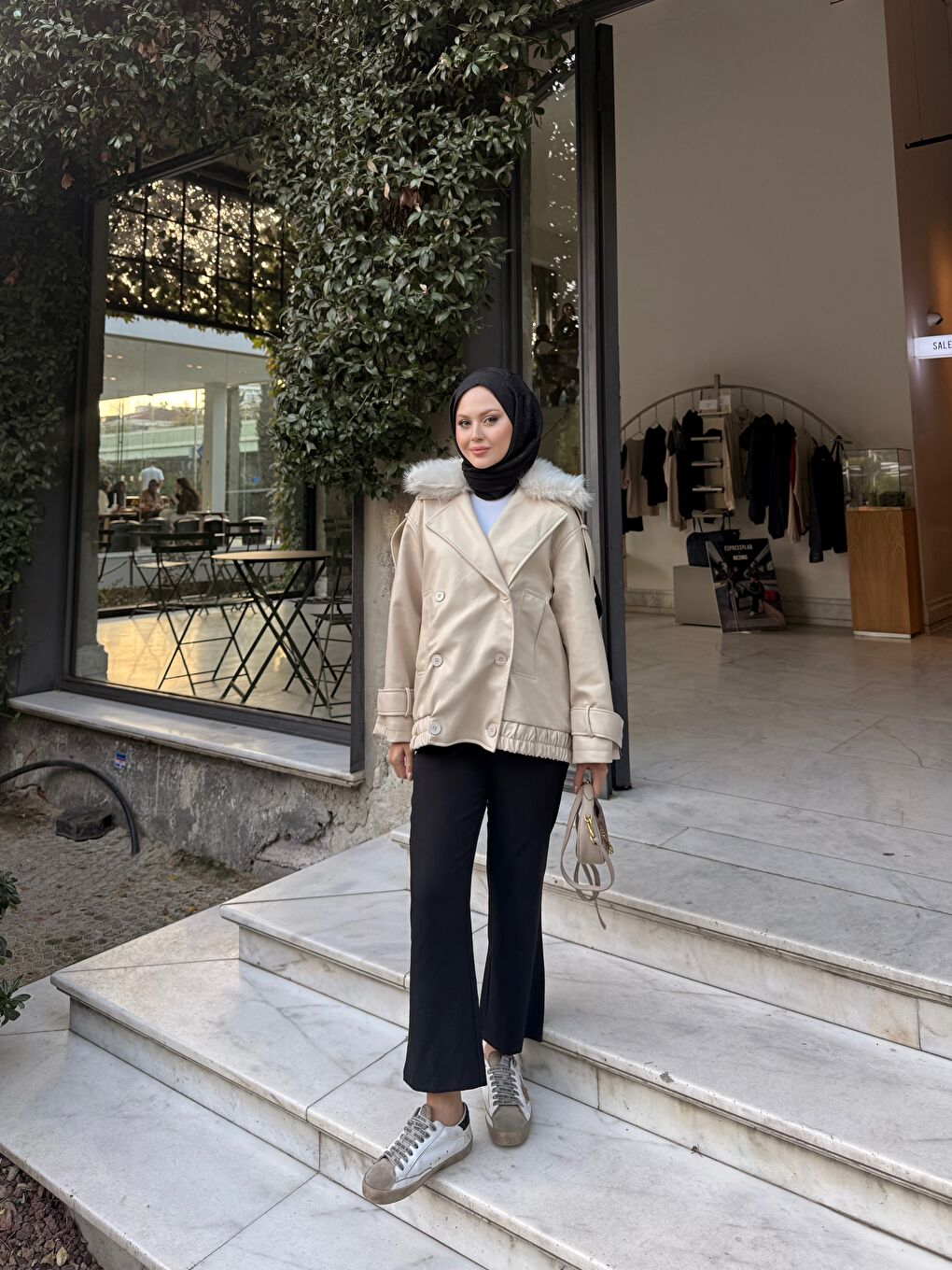 Ekru Kadın Kürk Detaylı Deri Ceket Krem-4