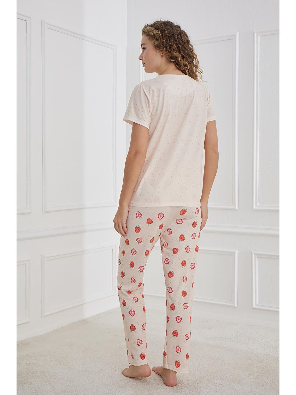 Pembe Kadın Çilek Desenli Elastanlı Süprem Bisiklet Yaka Pijama Takım | Somon 70109-1221-2