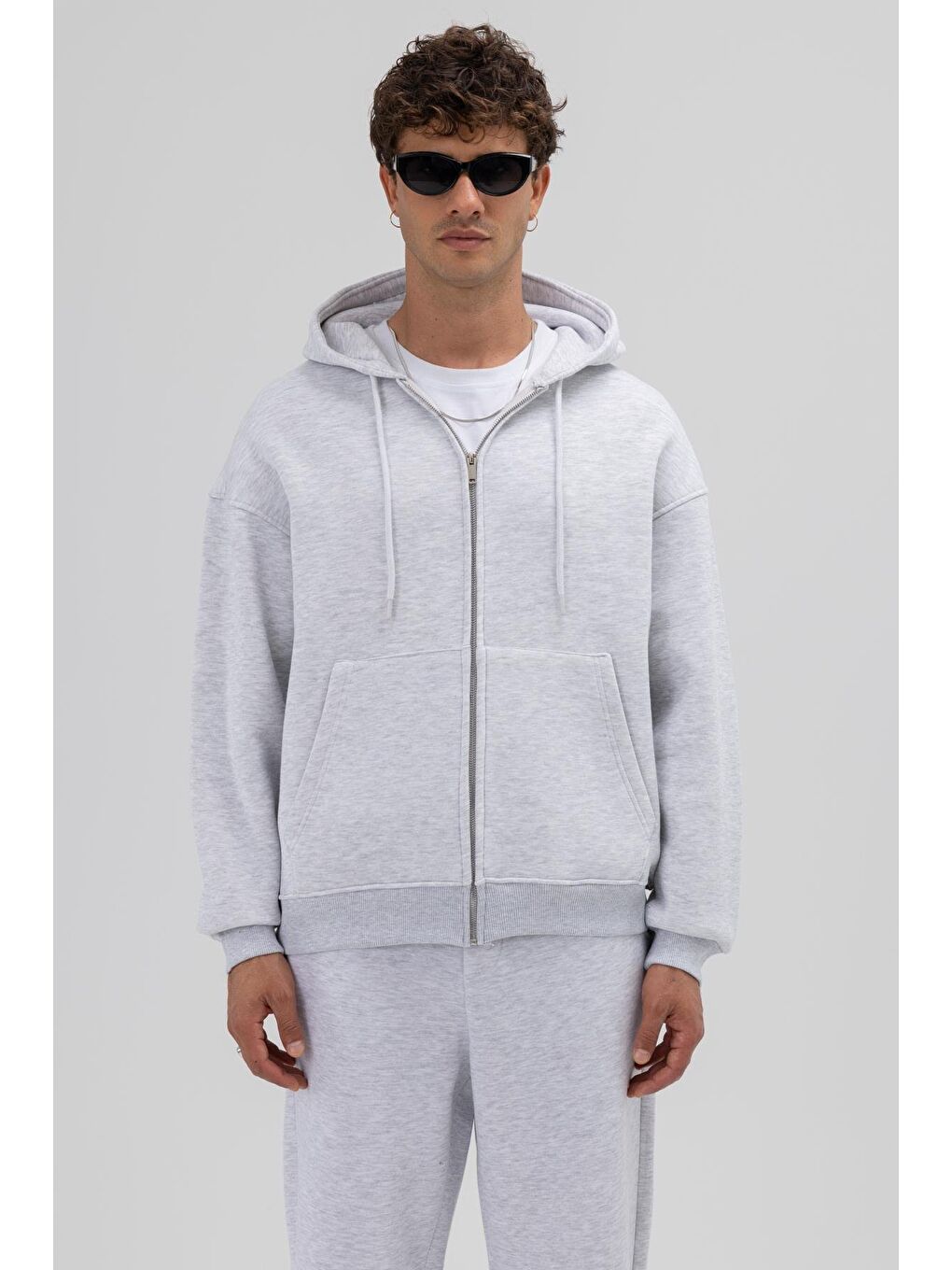 Beyaz Basic Fermuarlı Oversize Kapüşonlu Sweatshirt Karmelanj-1