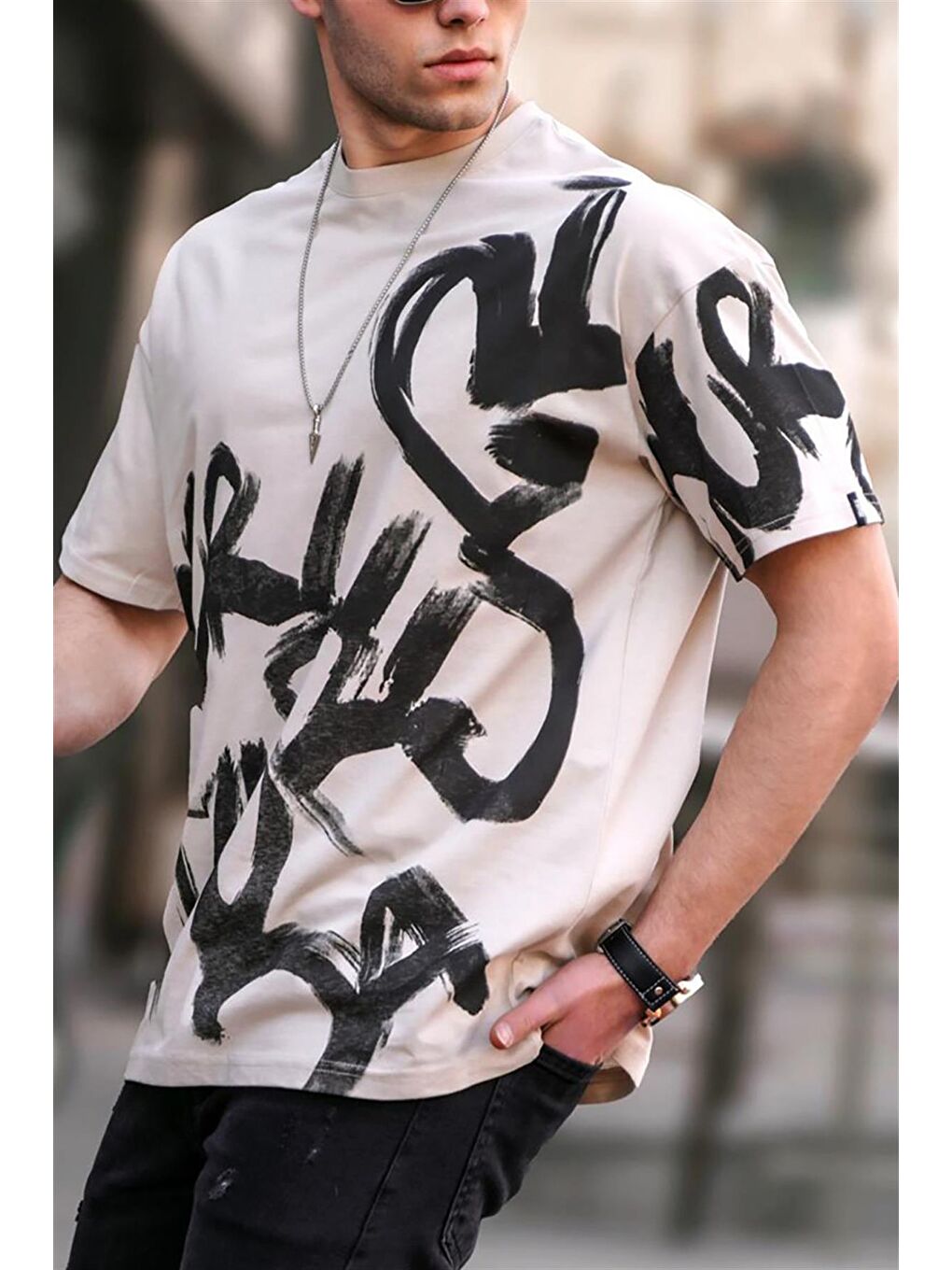 Erkek Bej Overfit  Desenli %100 Pamuk Tişört 5811-2