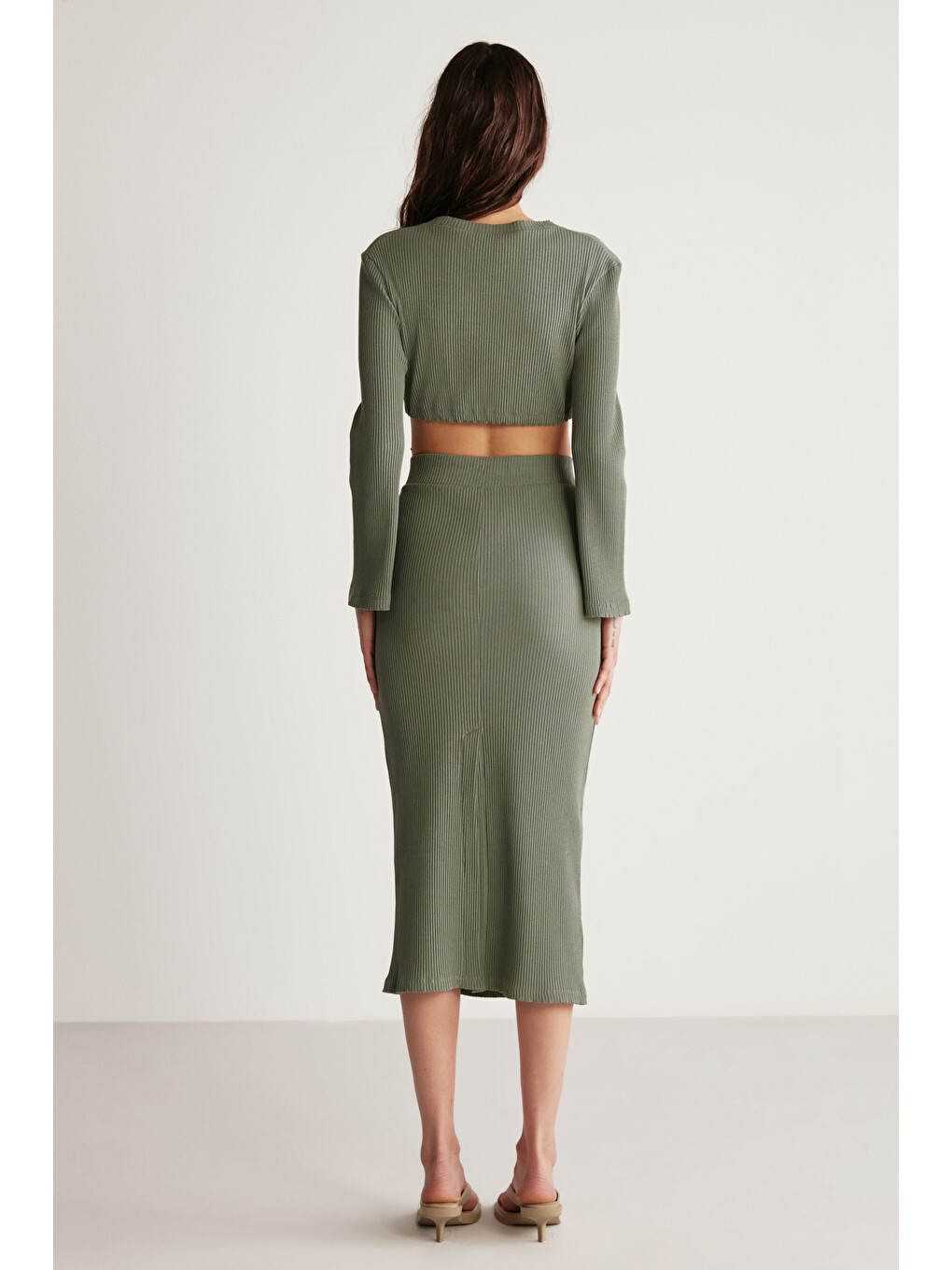 Lauren Kadın Slim Fit Fermuar Detaylı Midi Haki Etek-3
