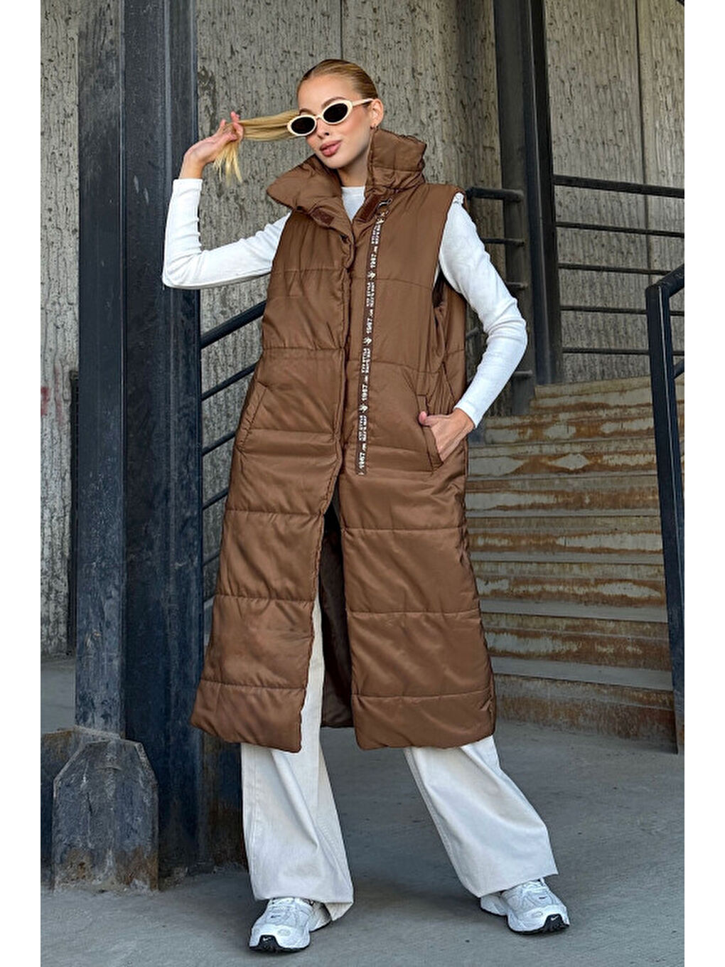 Kahverengi Uzun Boy Kapitone Şişme Yelek-2