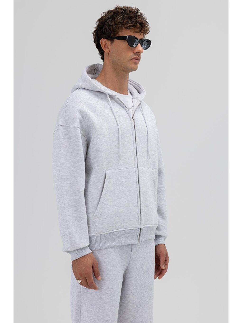 Beyaz Basic Fermuarlı Oversize Kapüşonlu Sweatshirt Karmelanj-2