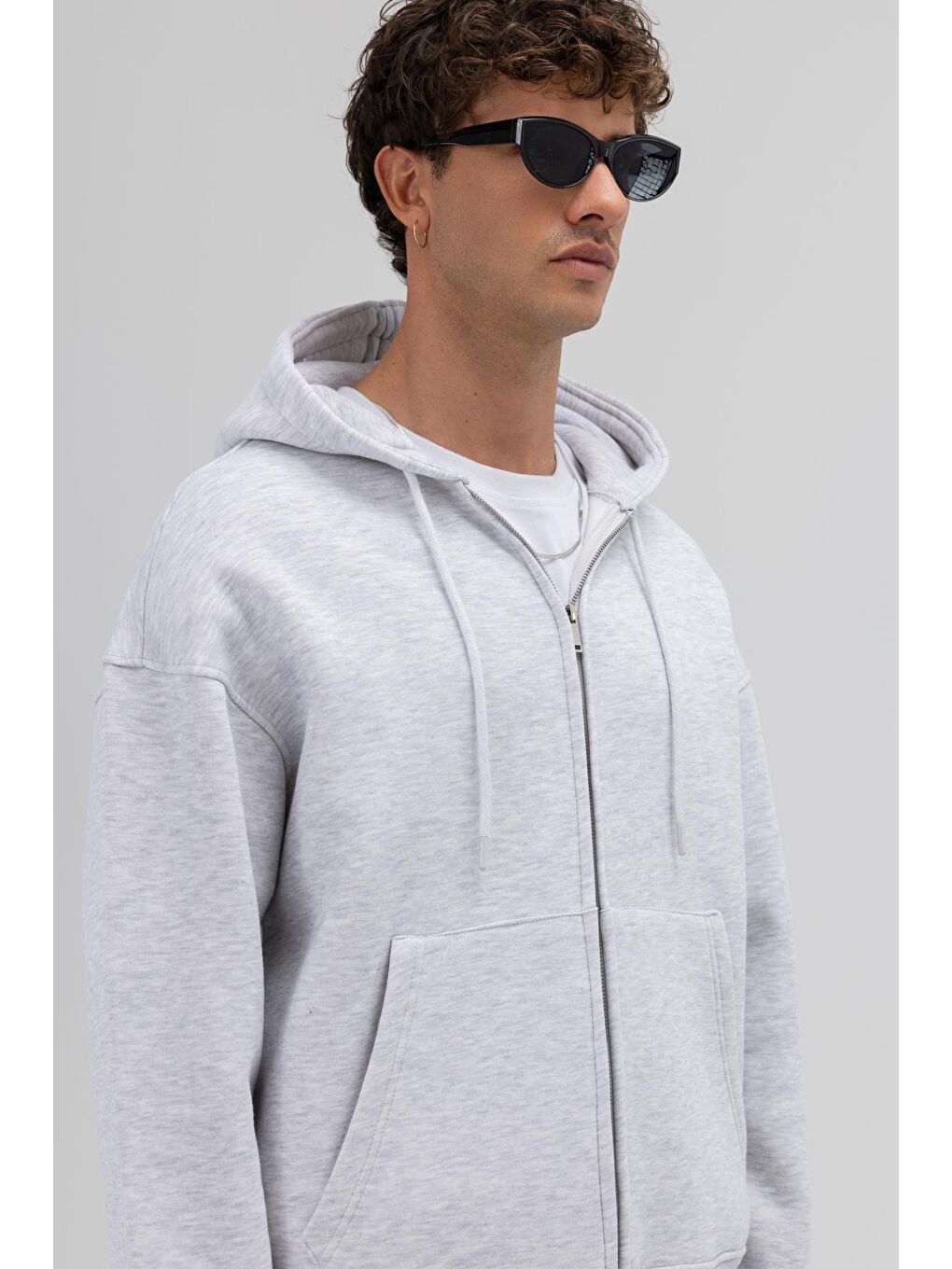 Beyaz Basic Fermuarlı Oversize Kapüşonlu Sweatshirt Karmelanj-3