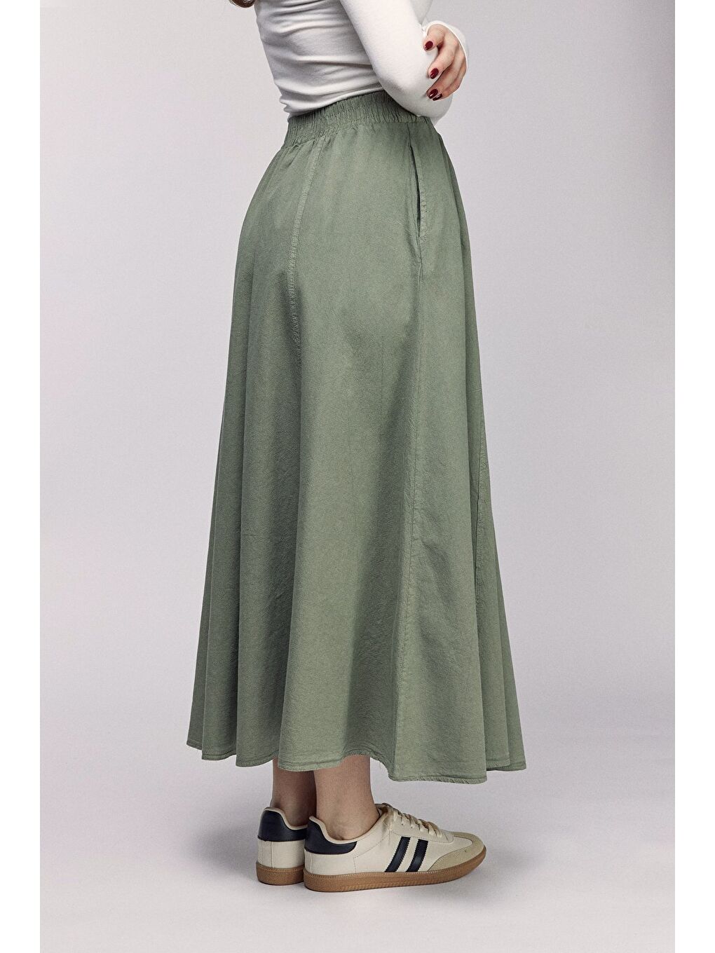 Haki Kadın A Kesim Yüksek Bel Cepli Dökümlü Kloş Etek - Dokulu Keten-2