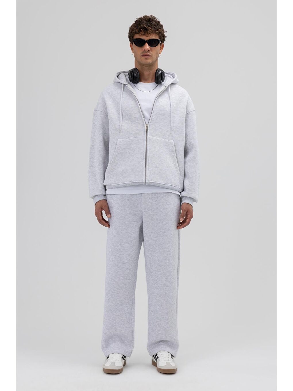 Beyaz Basic Fermuarlı Oversize Kapüşonlu Sweatshirt Karmelanj-5