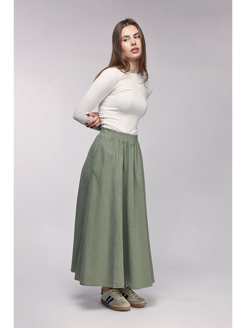 Haki Kadın A Kesim Yüksek Bel Cepli Dökümlü Kloş Etek - Dokulu Keten-3