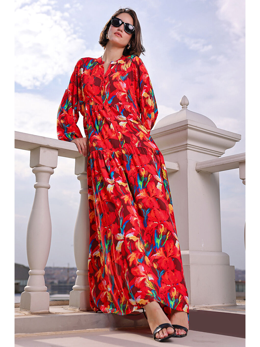 Kadın Desenli Uzun Tesettür Elbise 2585 - Kırmızı-2