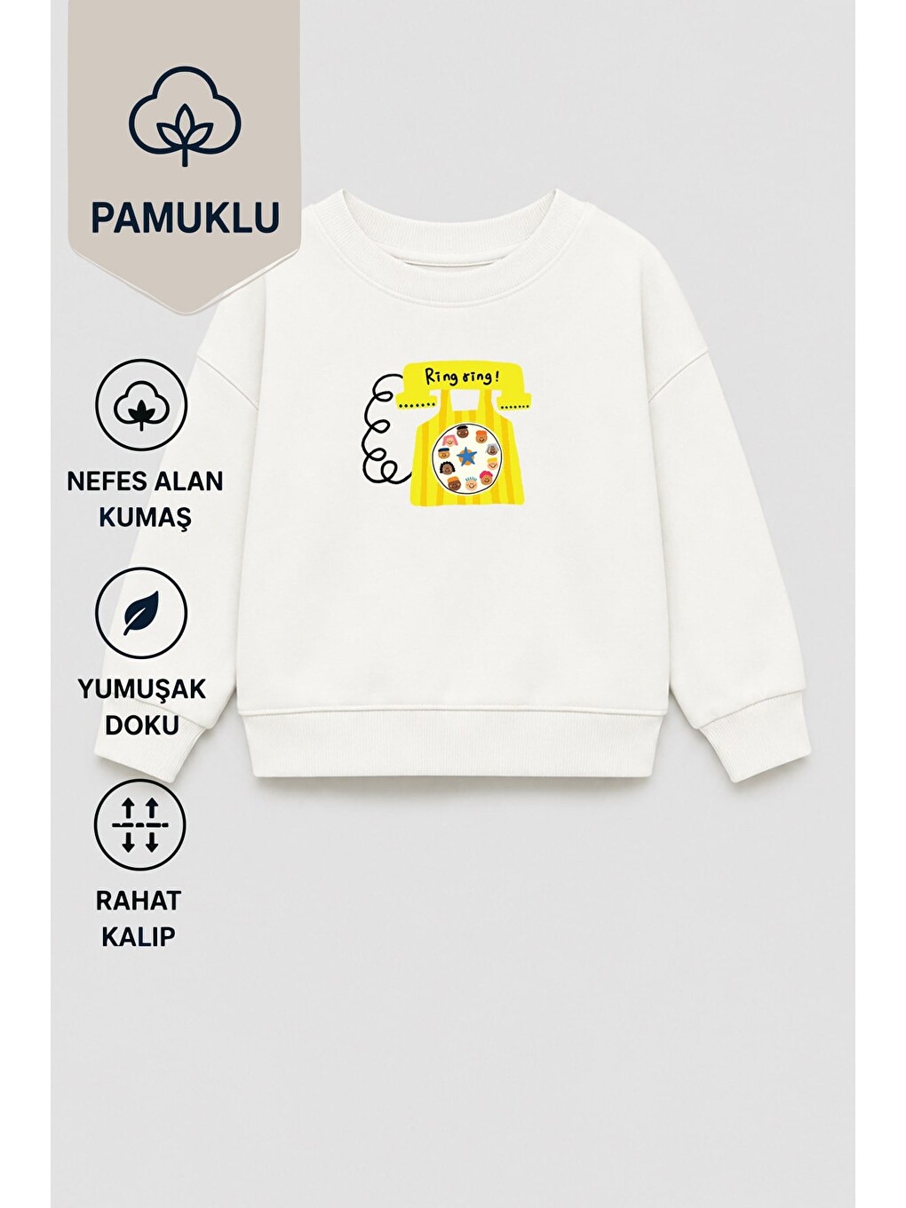 Ekru Unisex Çocuk Telefon Baskılı 3 İplik Kumaş Pamuklu Sweatshirt-1