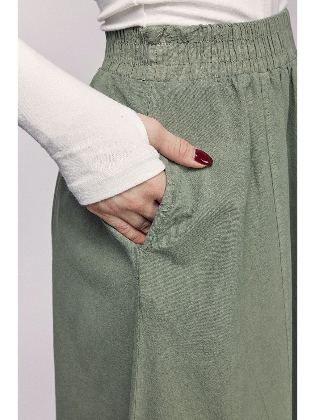 Haki Kadın A Kesim Yüksek Bel Cepli Dökümlü Kloş Etek - Dokulu Keten-4