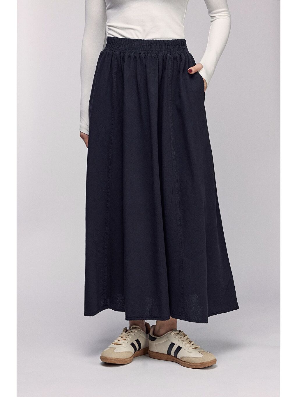 Siyah Kadın A Kesim Yüksek Bel Cepli Dökümlü Kloş Etek - Dokulu Keten-3