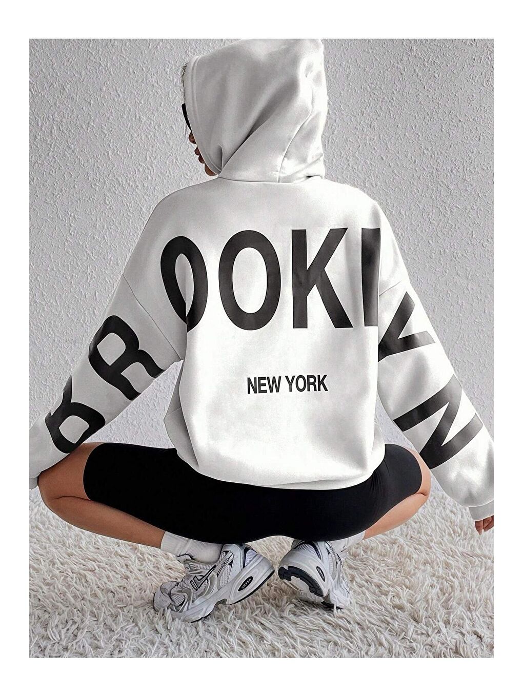 Kadın Beyaz Kolları Brooklyn New York Baskılı Oversize Kapüşonlu Sweatshirt Hoodie