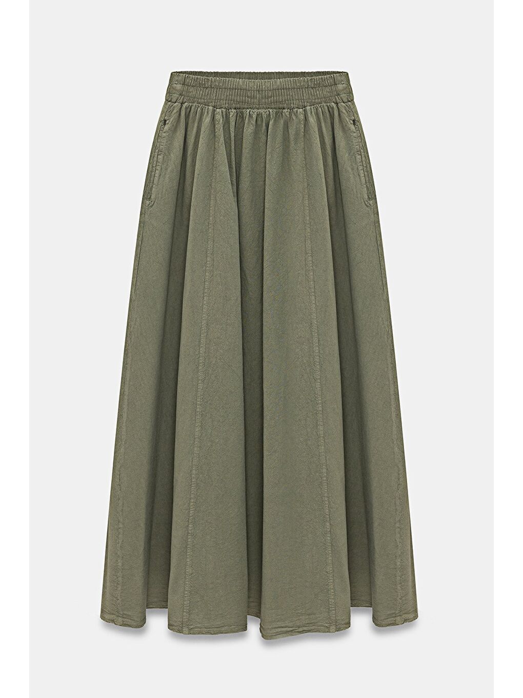 Haki Kadın A Kesim Yüksek Bel Cepli Dökümlü Kloş Etek - Dokulu Keten-5