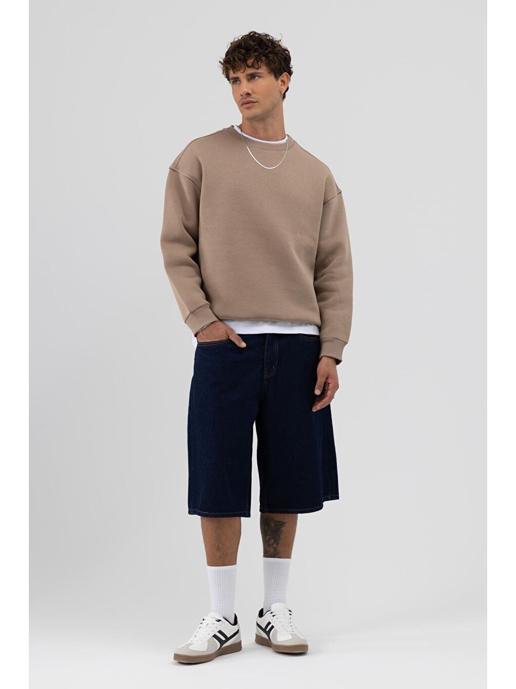 Bej Basic Bisiklet Yaka Oversize Sweatshirt Vizon