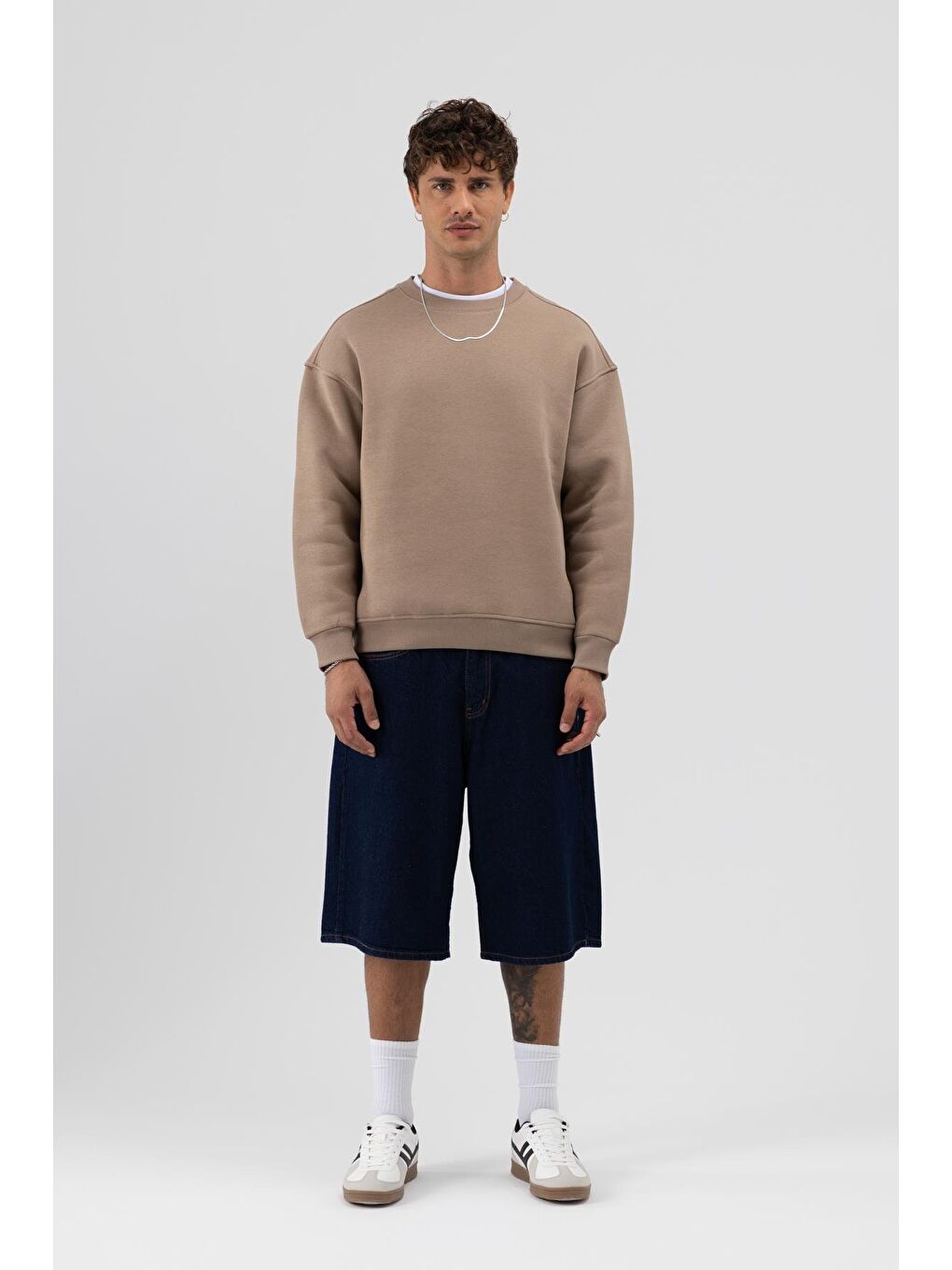 Bej Basic Bisiklet Yaka Oversize Sweatshirt Vizon-1