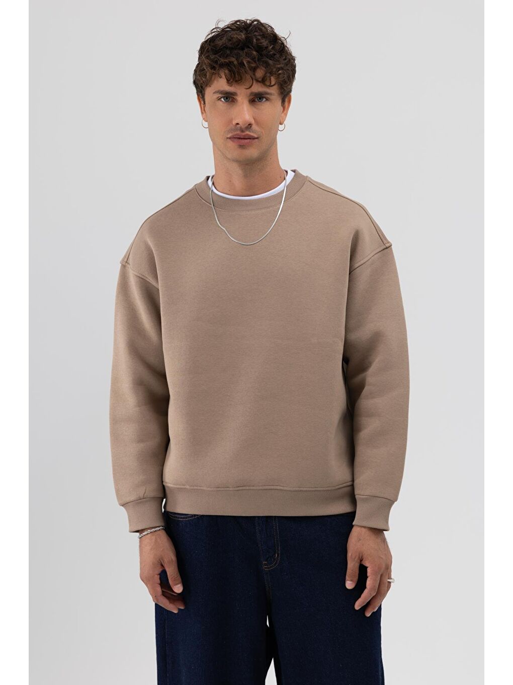 Bej Basic Bisiklet Yaka Oversize Sweatshirt Vizon-2