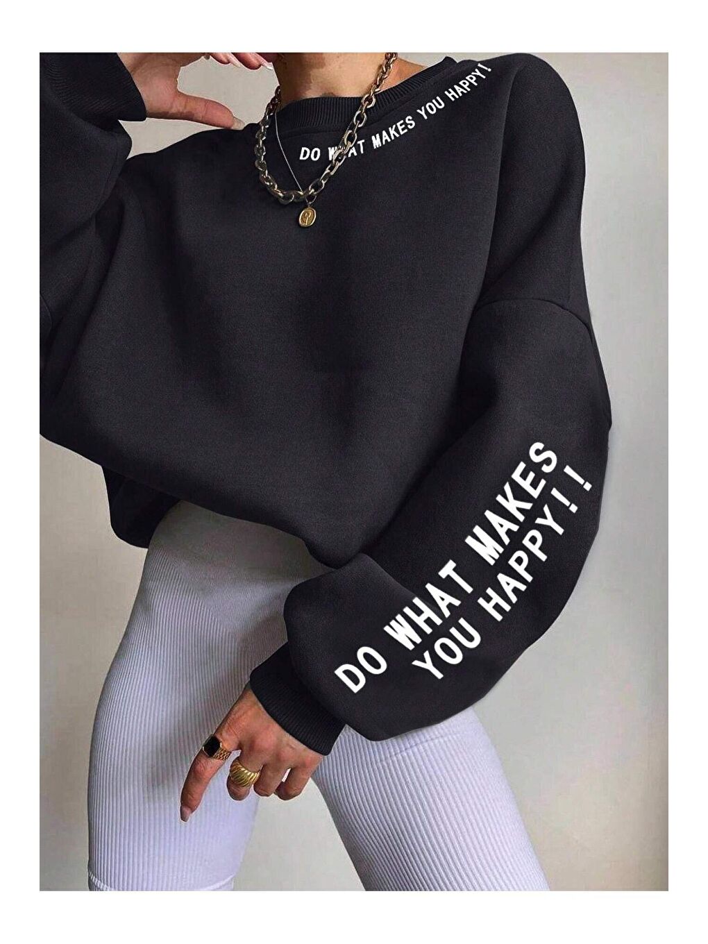 Trendseninle Siyah Kadın Siyah Do What Makes Baskılı Oversize Bisiklet Yaka Sweatshirt - 3