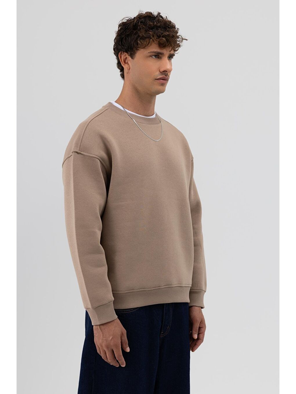 Bej Basic Bisiklet Yaka Oversize Sweatshirt Vizon-4