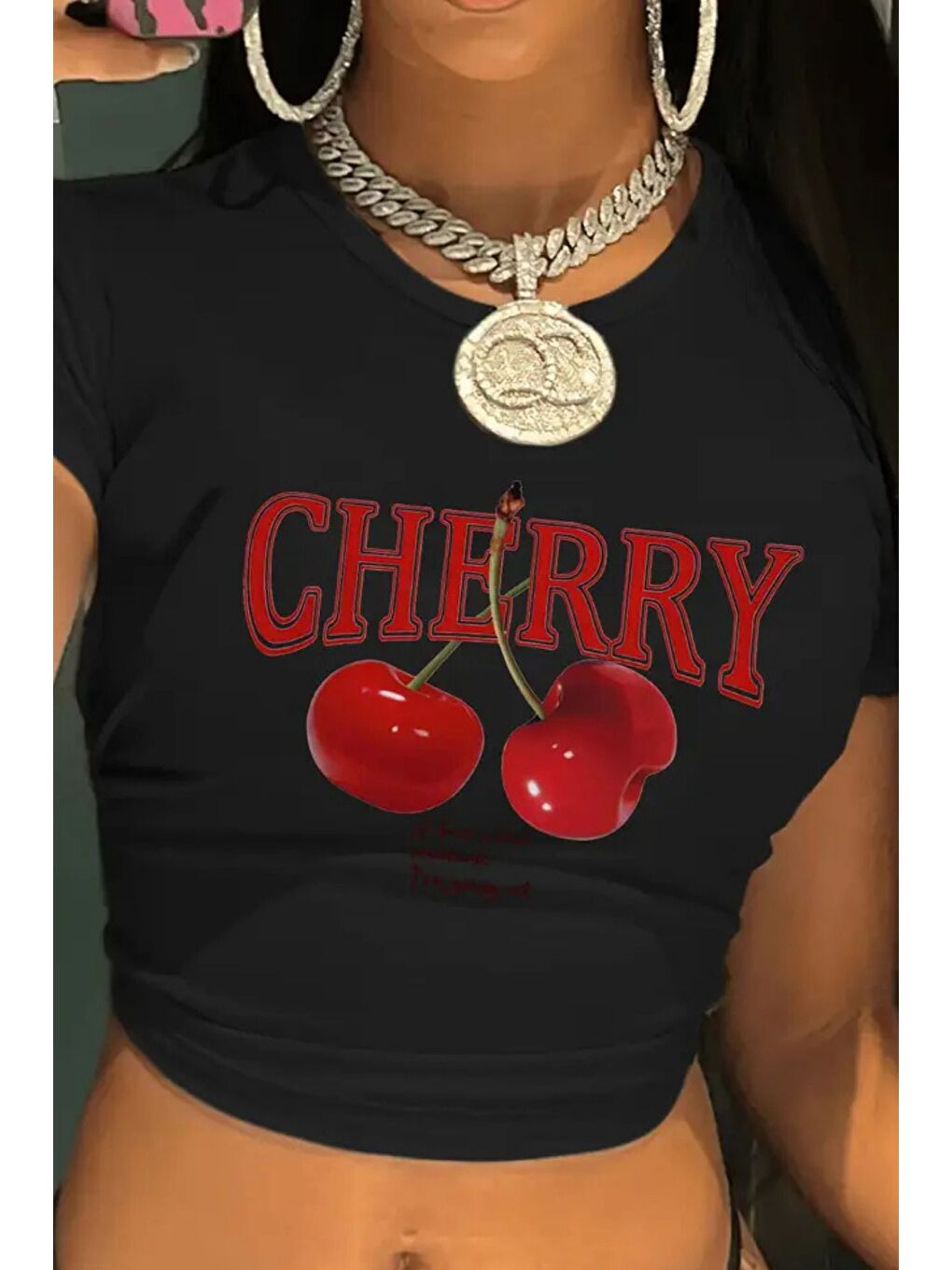 Siyah Kadın Baskılı Crop Tişört - Cherry Desenli, Yazlık Kısa Kollu Bluz