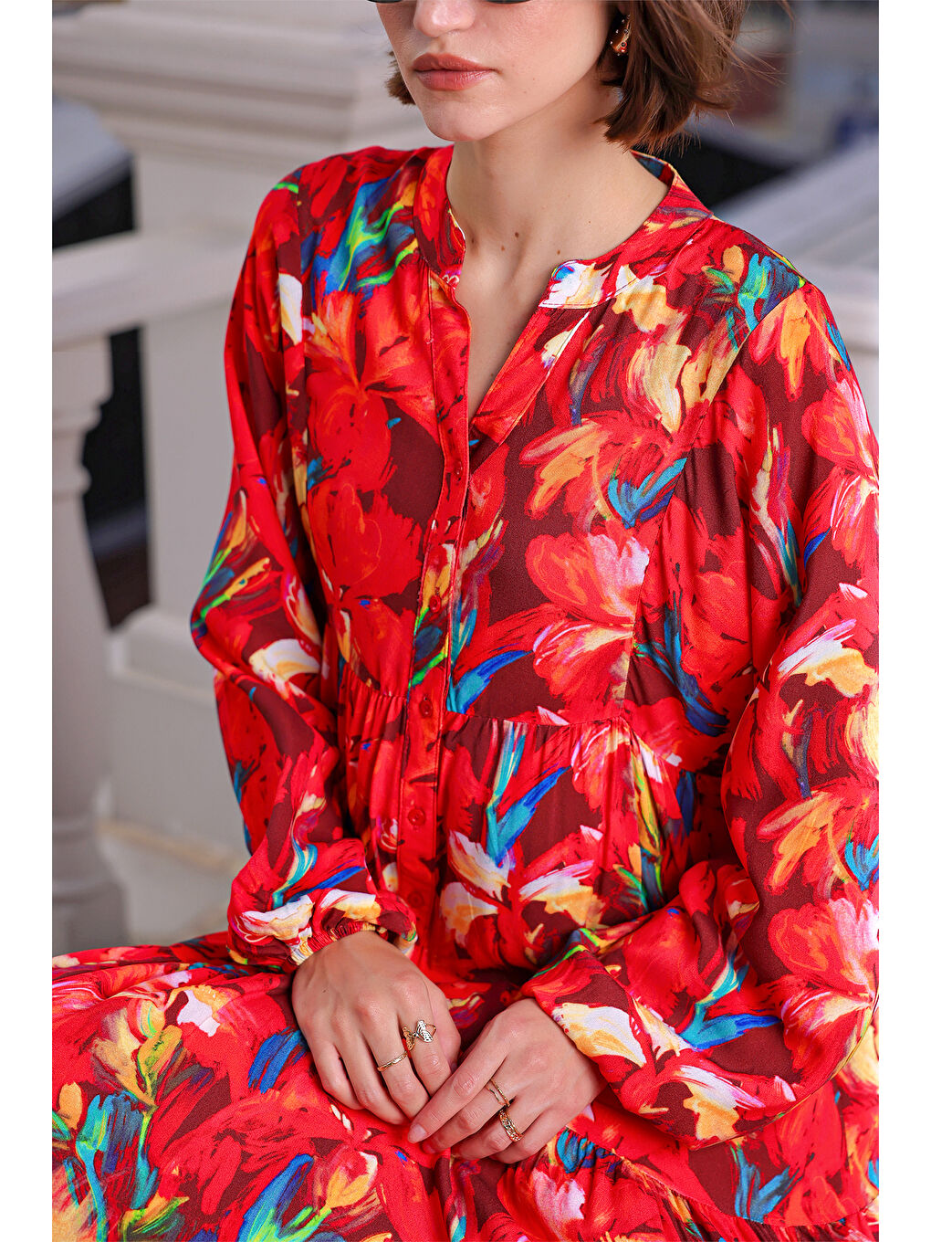 Kadın Desenli Uzun Tesettür Elbise 2585 - Kırmızı-3