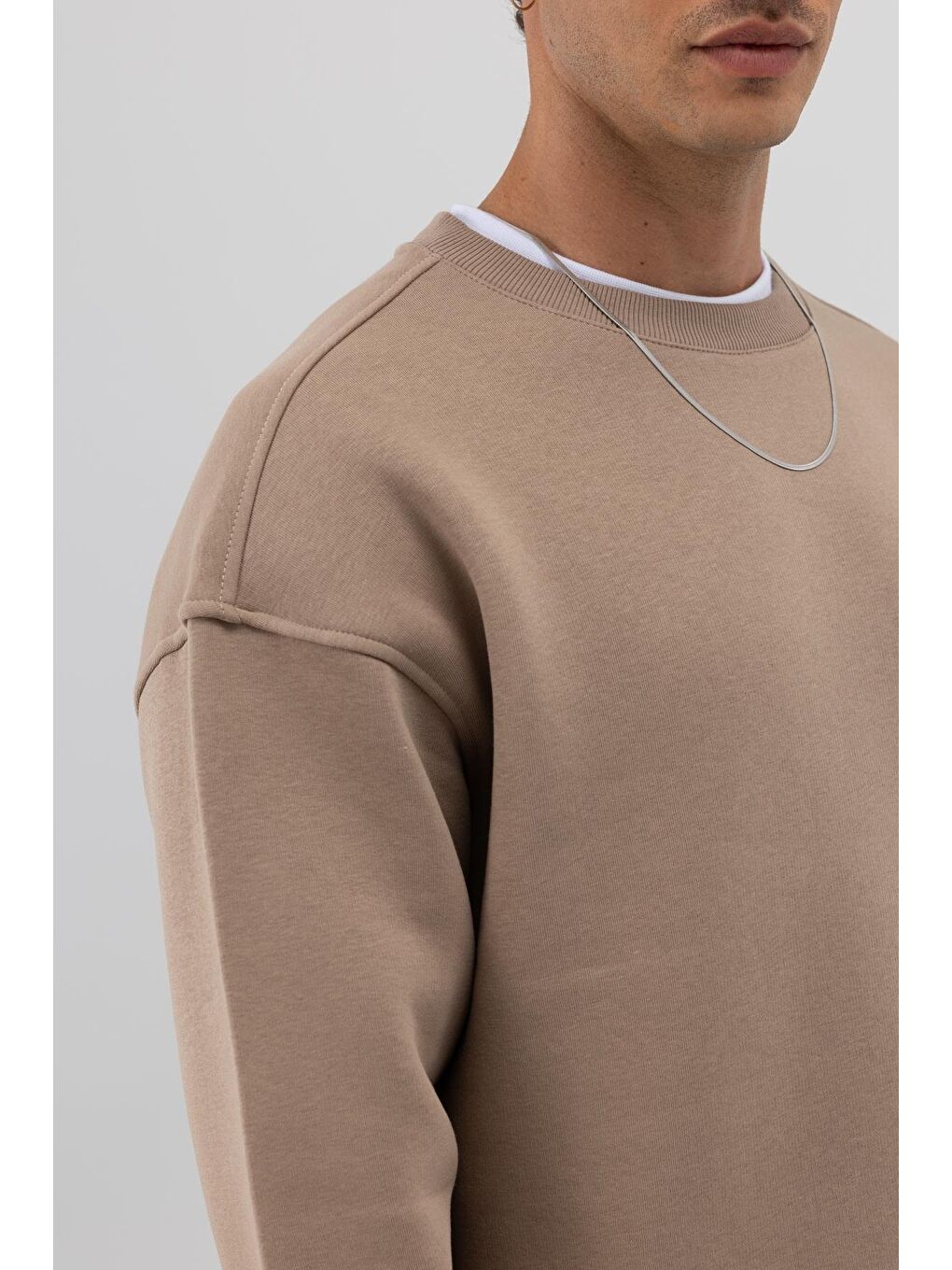 Bej Basic Bisiklet Yaka Oversize Sweatshirt Vizon-5