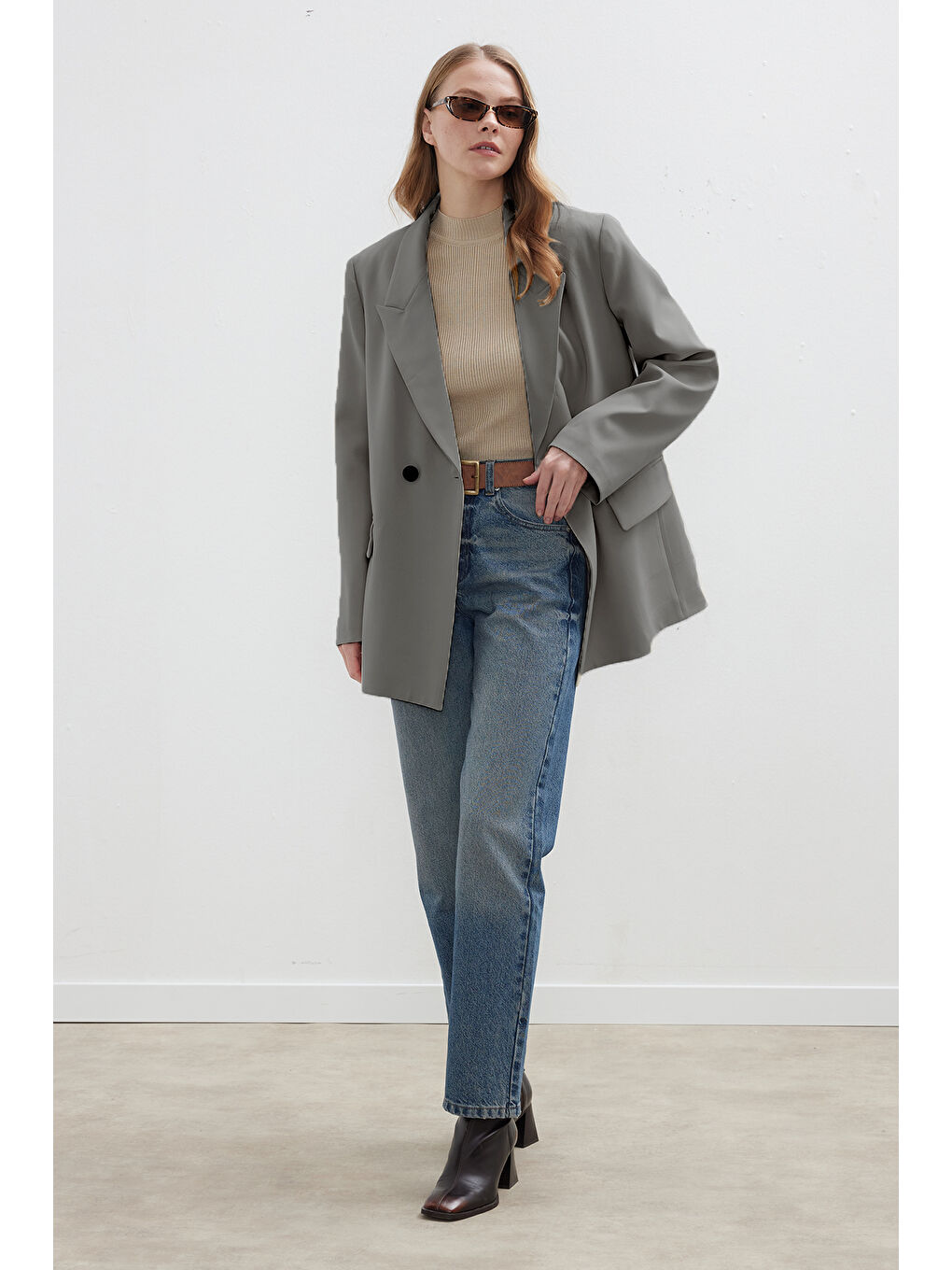 Kruvaze Klasik Blazer Ceket Gri-1