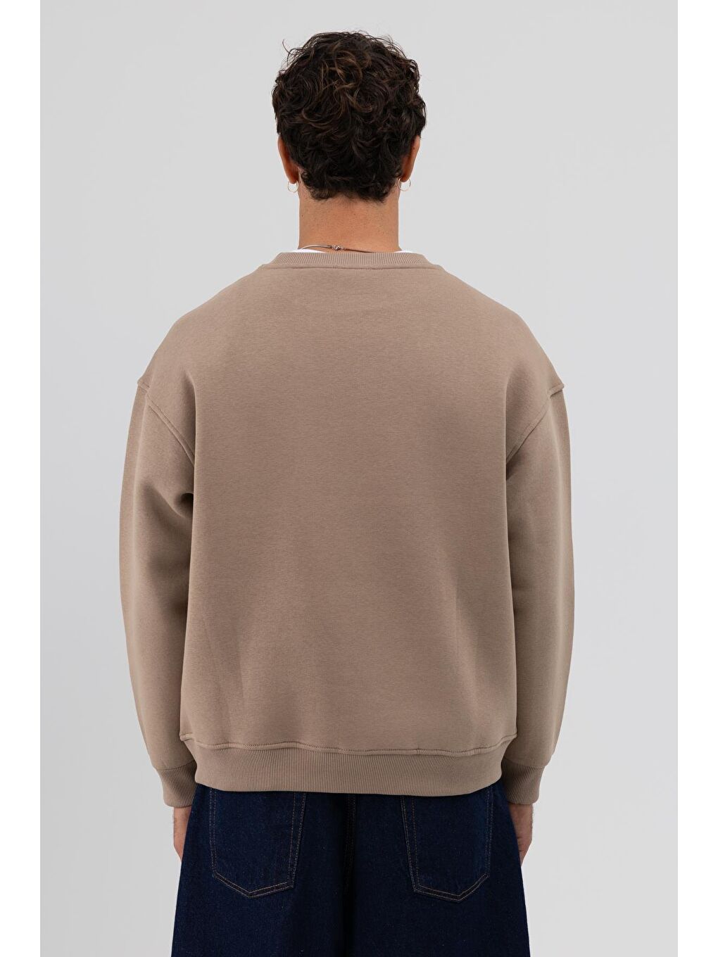 Bej Basic Bisiklet Yaka Oversize Sweatshirt Vizon-6