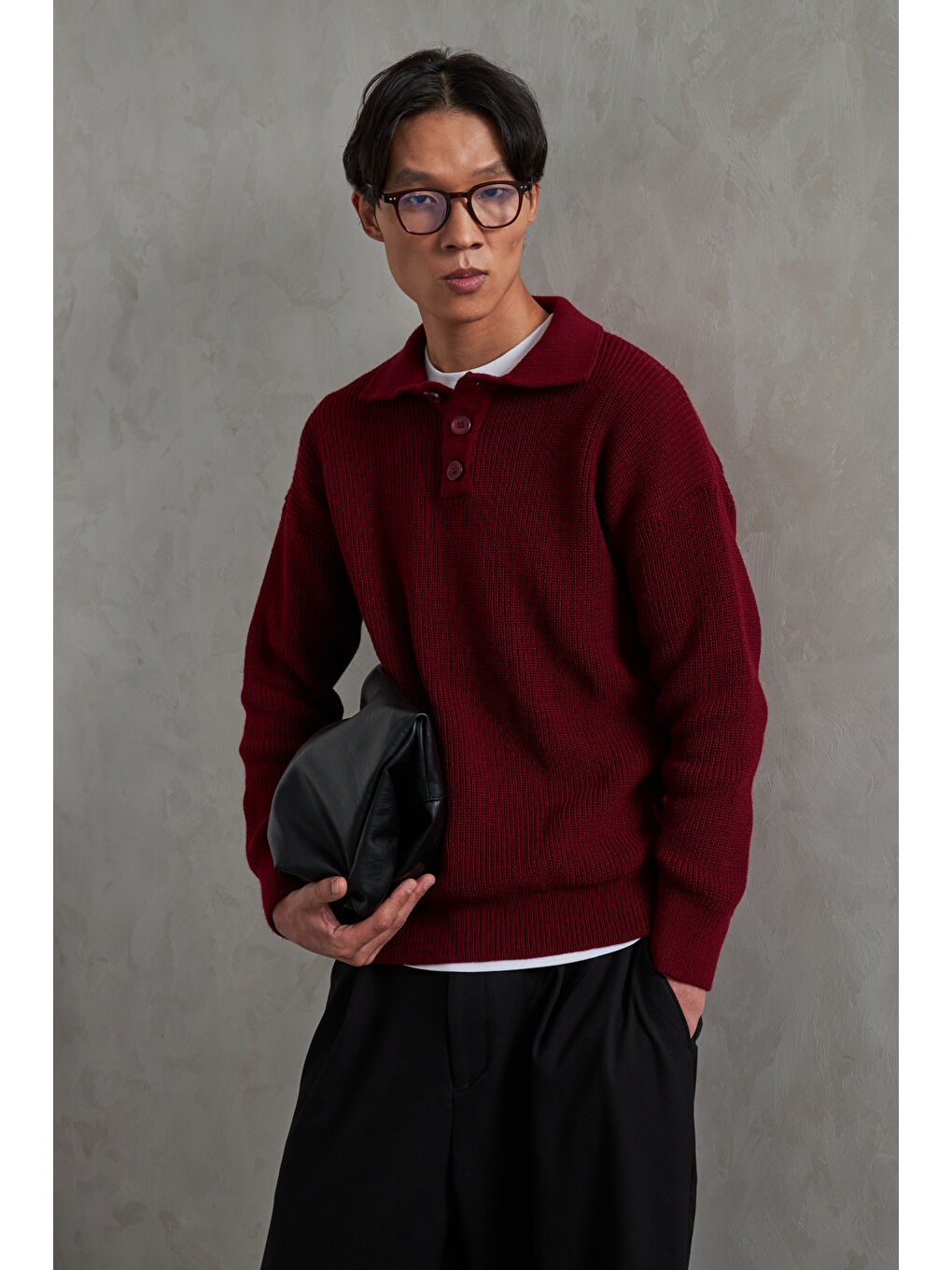 Bordo Erkek Yakası Düğmeli Oversize Kazak-1