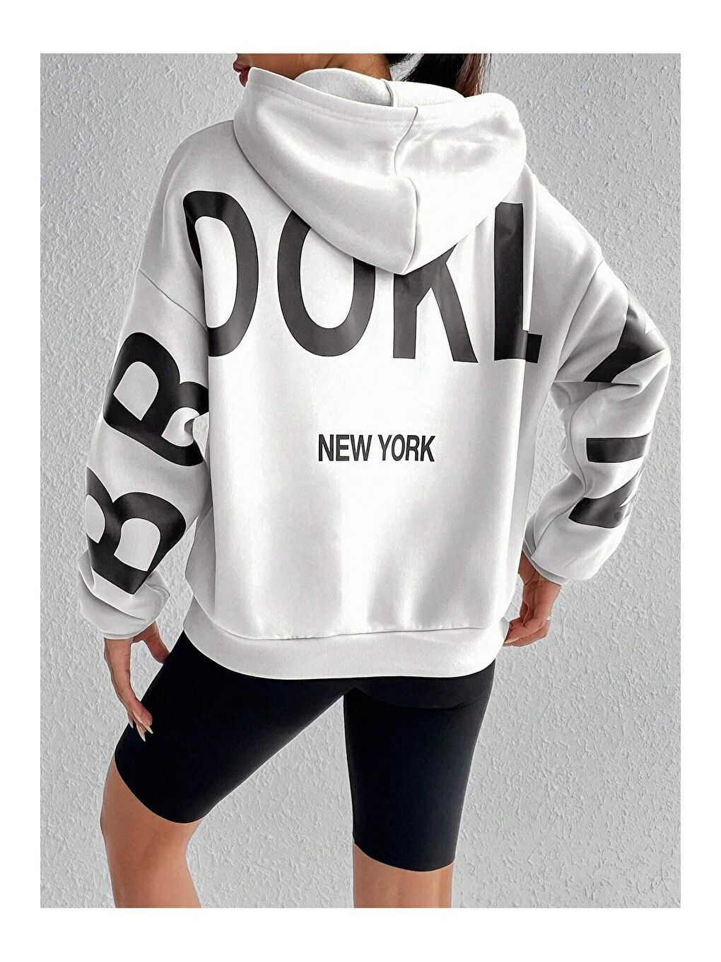 Kadın Beyaz Kolları Brooklyn New York Baskılı Oversize Kapüşonlu Sweatshirt Hoodie-1